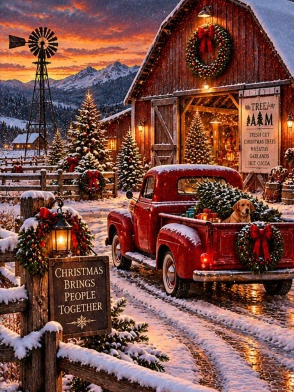 Holiday Barnyard Red Christmas Truck Wall Art 8x10 Print
